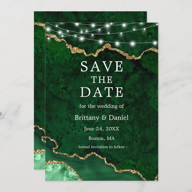 Green Gold Marmor Agate Geode Lights Save The Date (Vorne/Hinten)