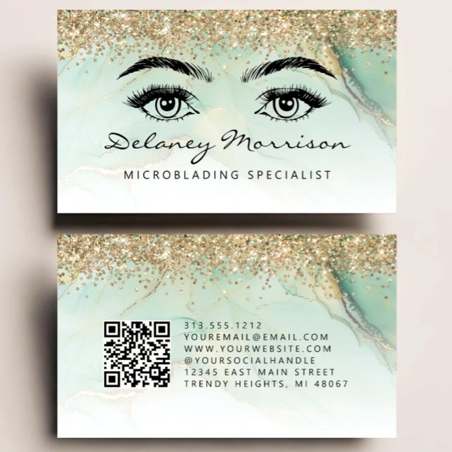 Green Gold Marmor Augen QR Code Microblading Visitenkarte (Von Creator hochgeladen)