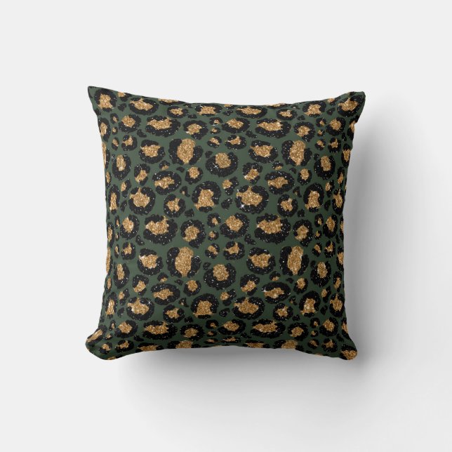 Green Gold Metallic Foil Glam Leopard Fur Spots Kissen (Vorderseite)