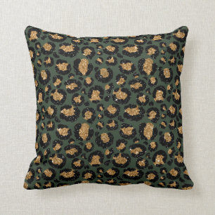 Green Gold Metallic Foil Glam Leopard Fur Spots Kissen