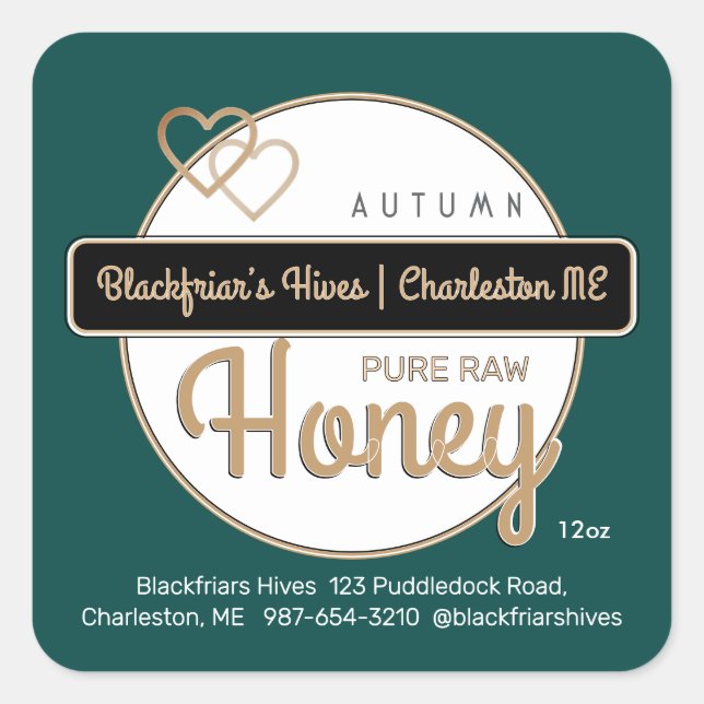 Green Gold Modern Script Honey aus Liebe Quadratischer Aufkleber (Vorderseite)