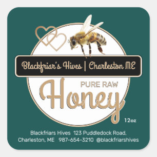 Green Gold Modern Script Honey mit Honeybee Quadratischer Aufkleber