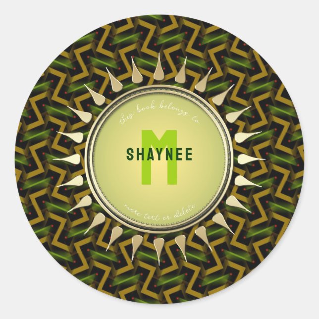 Green + Gold Modern Tribal Sun Monogram Buchzeiche Runder Aufkleber (Vorderseite)