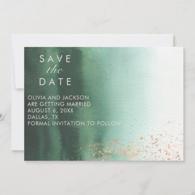 Green & Gold Modern Watercolor Ombre Save the Date Einladung (Vorderseite)