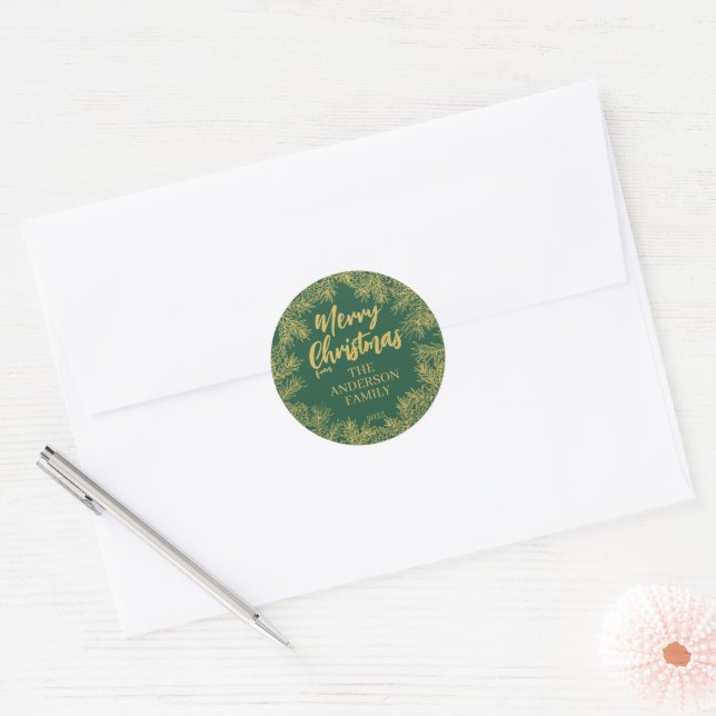 Green Gold Moderne Elegante Botanische Weihnachten Runder Aufkleber (Umschlag)