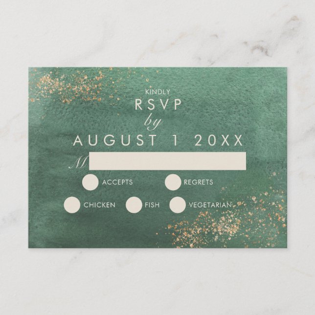 Green & Gold Moderne Wasserfarbenhochzeit RSVP Begleitkarte (Vorderseite)