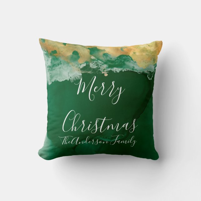Green Gold Monogram Frohe Weihnachten Kissen (Vorderseite)
