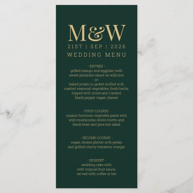 Green Gold Monogram Wedding Menükarte (Vorderseite)