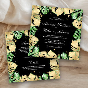 Green Gold Monstera Palm All in One Black Wedding Einladung