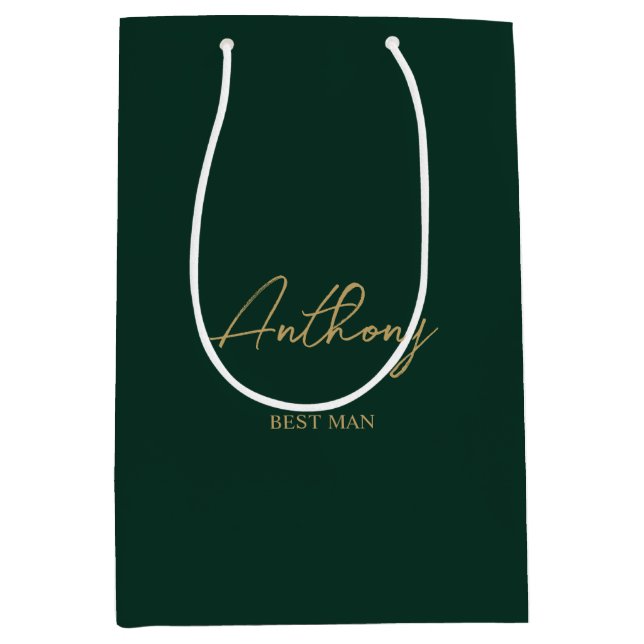 Green & Gold Personalisierte Hochzeitsgesellschaft Mittlere Geschenktüte (Vorderseite)