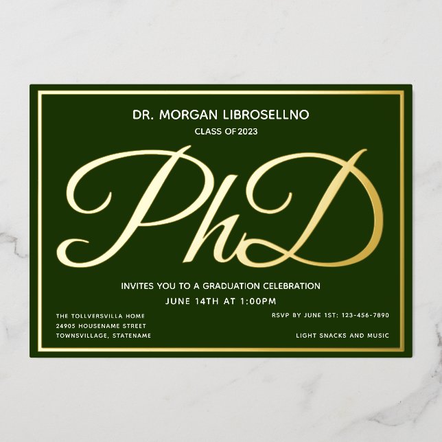 Green Gold PhD-Abschluss Folieneinladung (Vorderseite)