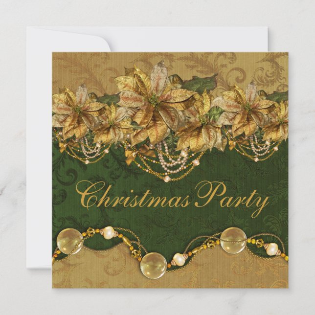 Green Gold Poinsettia Gold Christmas Party Einladung (Vorderseite)
