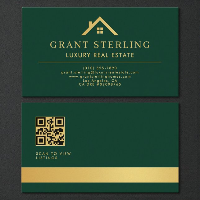 Green Gold QR Code Luxury Real Estate Agent Visitenkarte (Von Creator hochgeladen)