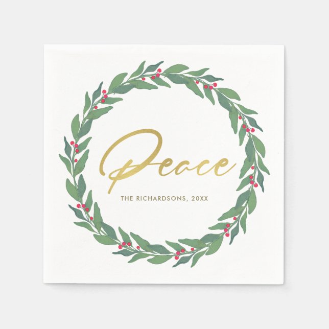 GREEN GOLD RED BERRIES WREATH CHRISTMAS PEACE SERVIETTE (Vorderseite)