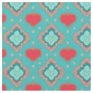 Green Gold Red Hearts and Hearts in Quadrat Fabric Stoff
