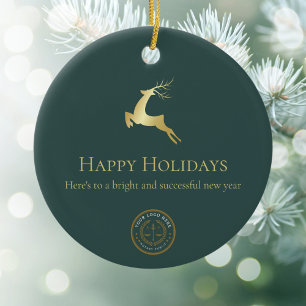 Green Gold Rentier Happy Holidays Business-Logo Keramik Ornament