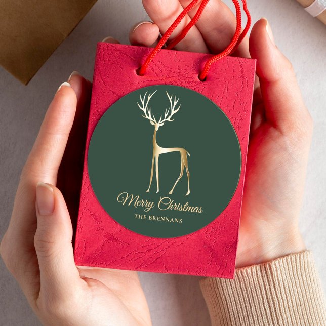Green Gold Rentier Weihnachten Minimalistisch Runder Aufkleber (Green Gold Reindeer Christmas Elegant Minimalist Classic Round Sticker)