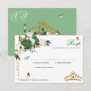 Green Gold Rose Elegante Gold Tiara Quinceanera RSVP Karte