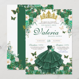 Green & Gold Rose Elegante Prinzessin Quinceanera Einladung