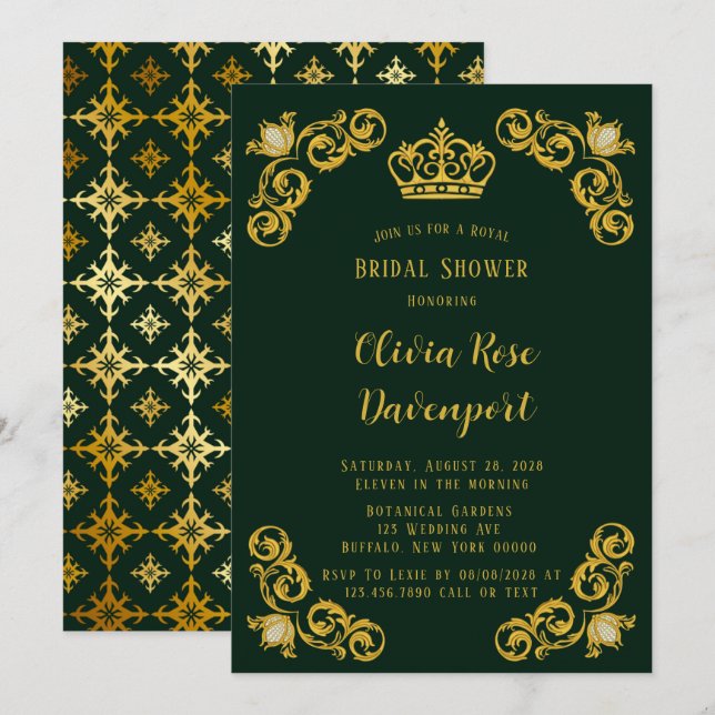 Green & Gold Royal Crown Damask Brautparty Einladung (Vorne/Hinten)