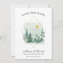 Green Gold Rustic Pine Trees Wedding Save the Date