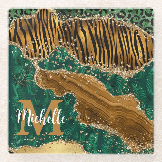 Green & Gold Safari Animal Glitzer Agate Monogram Glasuntersetzer (Vorderseite)