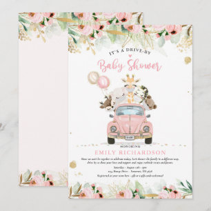 Green Gold Safari Animals Drive by Baby Shower Einladung