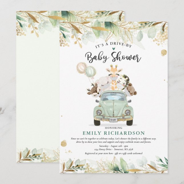 Green Gold Safari Animals Drive by Baby Shower Einladung (Vorne/Hinten)