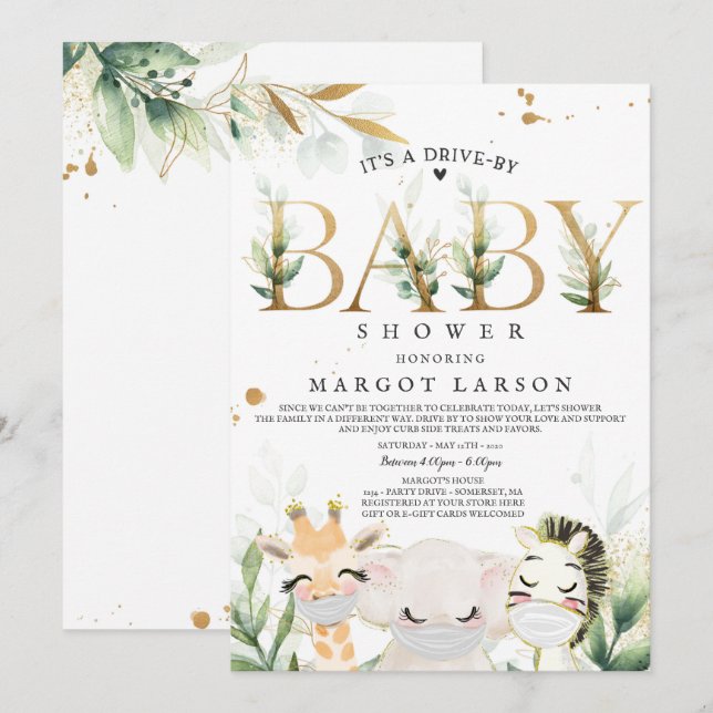Green Gold Safari Animals Drive by Baby Shower Einladung (Vorne/Hinten)