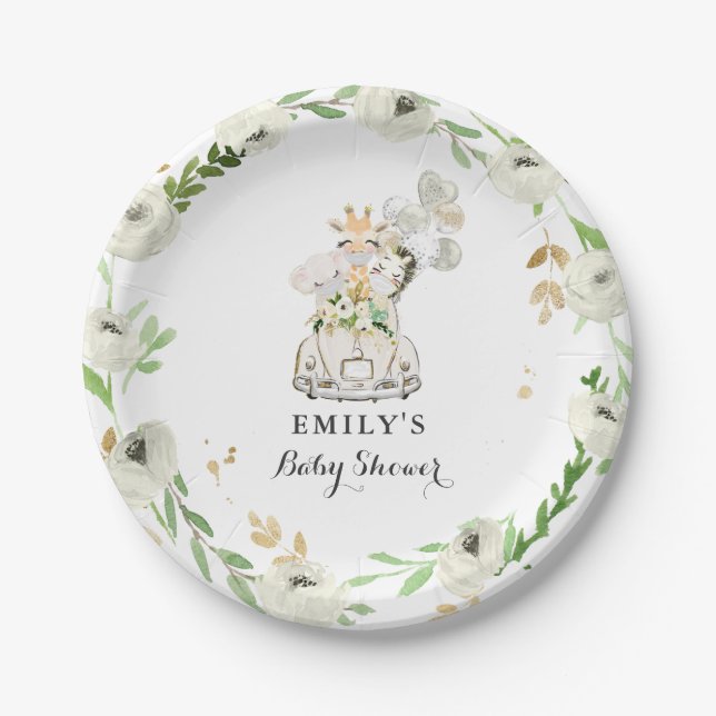 Green Gold Safari Animals Drive by Baby Shower Pappteller (Vorderseite)