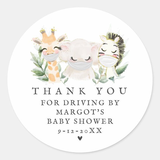 Green Gold Safari Animals Drive by Baby Shower Runder Aufkleber (Vorderseite)