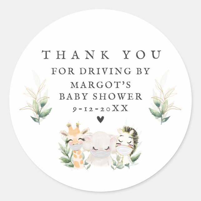 Green Gold Safari Animals Drive by Baby Shower Runder Aufkleber (Vorderseite)