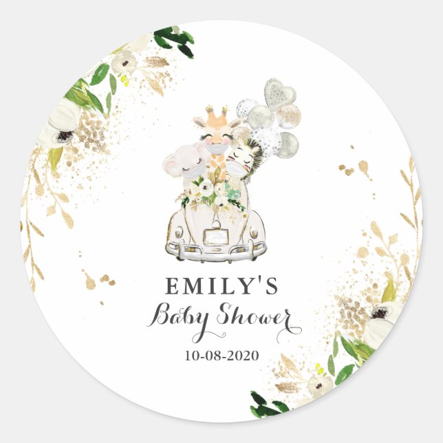 Green Gold Safari Animals Drive by Baby Shower Runder Aufkleber (Vorderseite)
