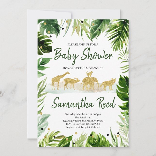 Green Gold Safari Jungle Baby Dusche Einladung (Vorderseite)