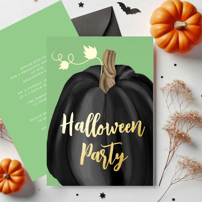 Green Gold Script Pumpkin Halloween-Party Foil Folieneinladung (Green Gold Script Pumpkin Halloween Party Foil Foil Invitation)