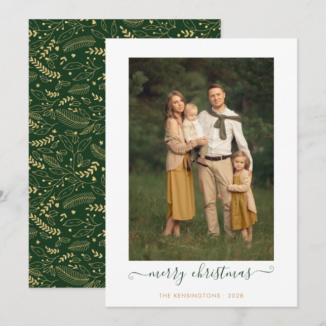 Green Gold Simple Script Frohe Weihnachts Foto Hol Feiertagskarte (Vorne/Hinten)