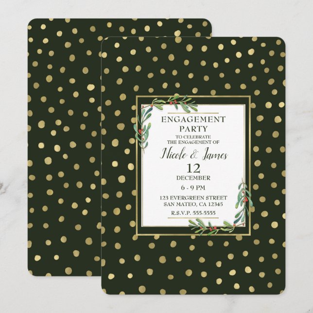 Green & Gold Snow Holiday Engagement Party Einladung (Vorne/Hinten)