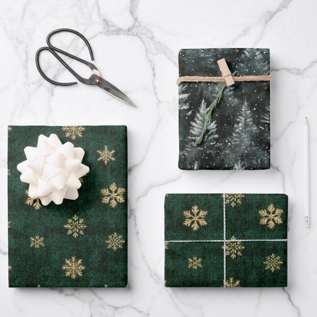 Green Gold Snowflakes Christmas Trees Geschenkpapier Set (Vorderseite)