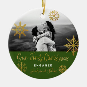 Green Gold Snowflakes Erste Weihnachten Verlobt Keramik Ornament