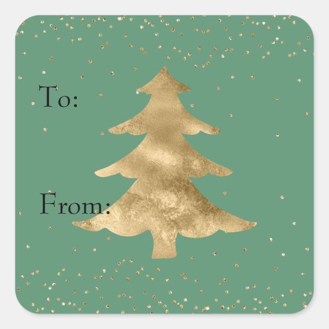 Green Gold Sparkle Dots Weihnachtsbaum Quadratischer Aufkleber (Vorderseite)