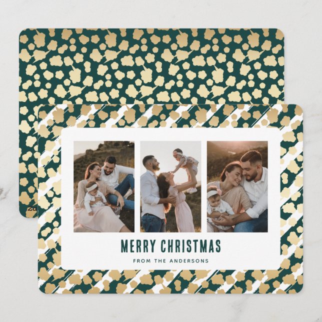 Green Gold Stars 3 Photo Joyeuse carte de Noël (Devant / Derrière)