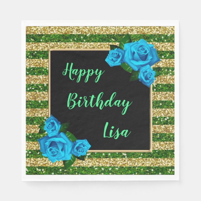 Green Gold Stripes Glitzer Blaue Rose Geburtstag Serviette (Vorderseite)