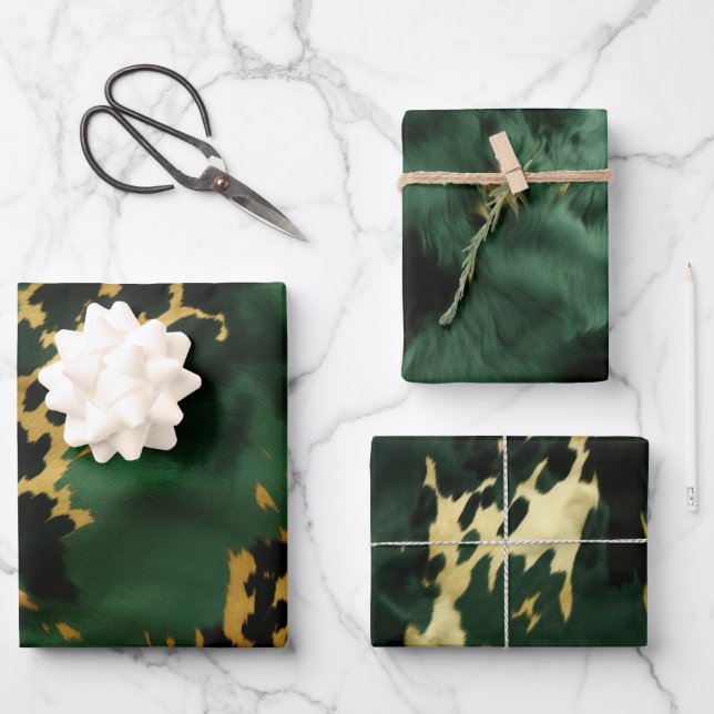 Green Gold Südwest Cowboy Cowgirl Cowhide Geschenkpapier Set (Vorderseite)