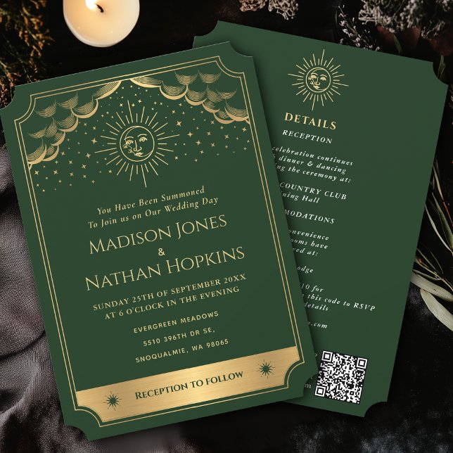 Green Gold Sun Moon Tarot Hochzeit QR Code Einladung (Von Creator hochgeladen)