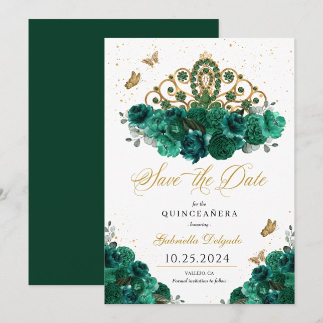 Green & Gold Tiara Save the Date Quinceañera Einladung (Vorne/Hinten)