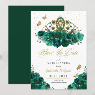 Green & Gold Tiara Save the Date Quinceañera Einladung