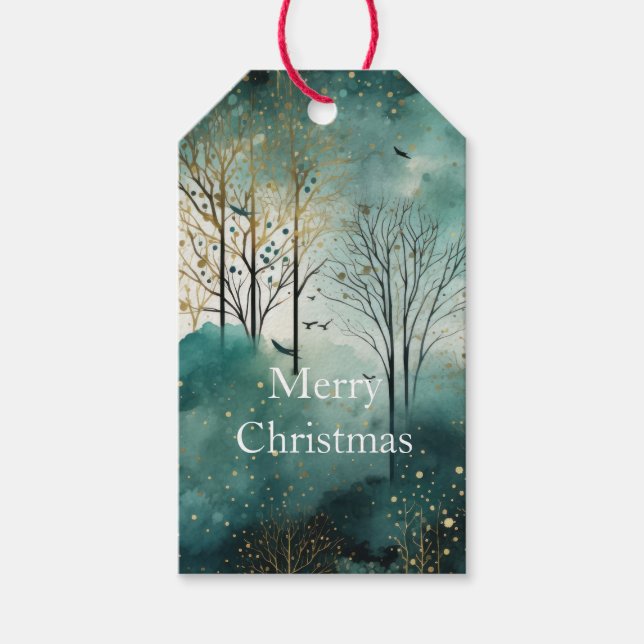 Green Gold Trees Weihnachten Geschenkanhänger (Vorderseite)