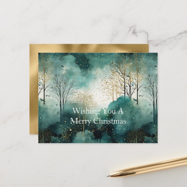 Green Gold Trees Weihnachten Postkarte (Vorderseite/Rückseite Beispiel)