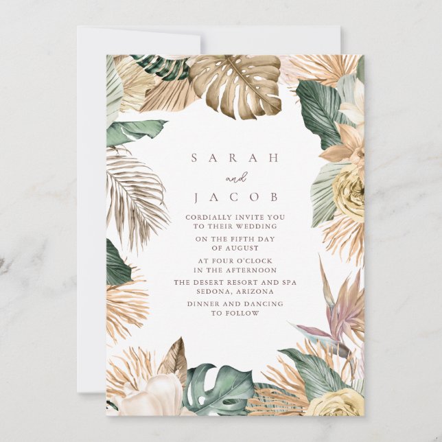 Green Gold Tropical Palm Beach Hochzeit Einladung (Vorderseite)