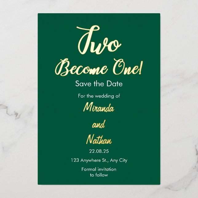 Green & Gold Two Become One Foil Wedding Invitatio Folieneinladung (Vorderseite)